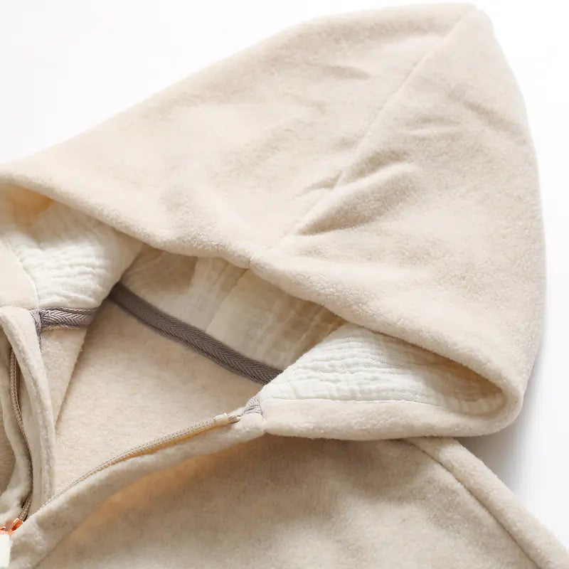 Light beige fleece hood with inner lining and jacket placket