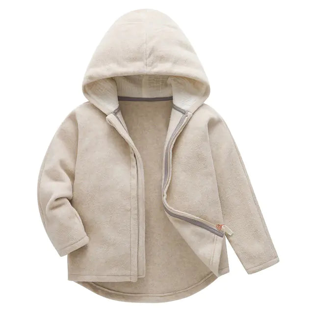 Boys light beige fleece hooded jacket with full zip and front pockets