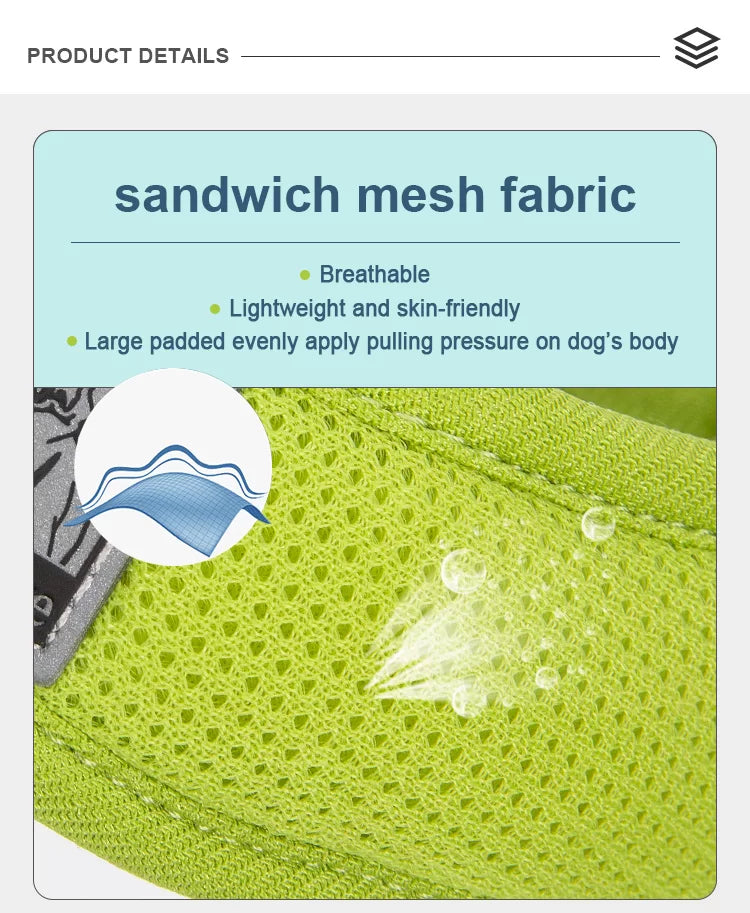 Moss green sandwich mesh fabric dog harness with breathable, lightweight perforated panel