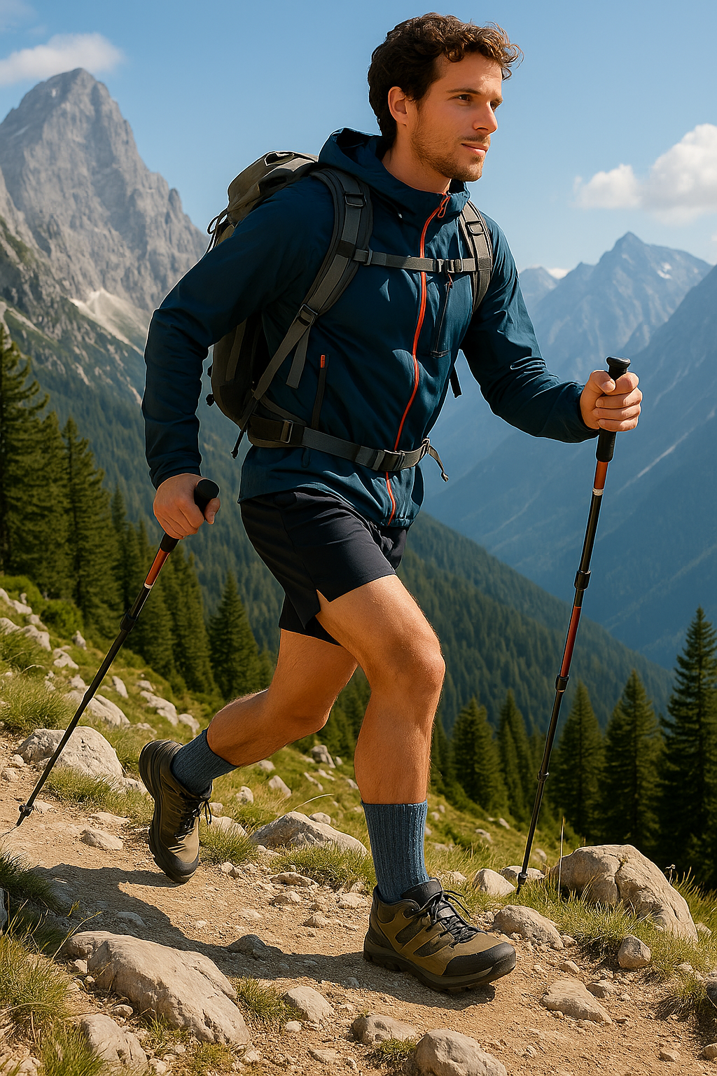 Dark crew socks on a hiker with backpack and trekking poles outdoors