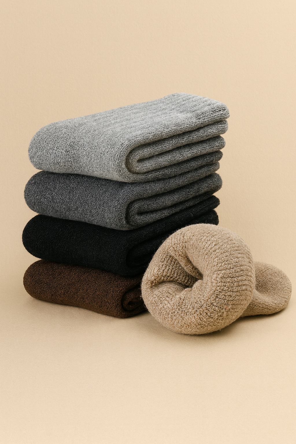 Folded crew socks in dark gray, black, and brown with rolled light beige pair
