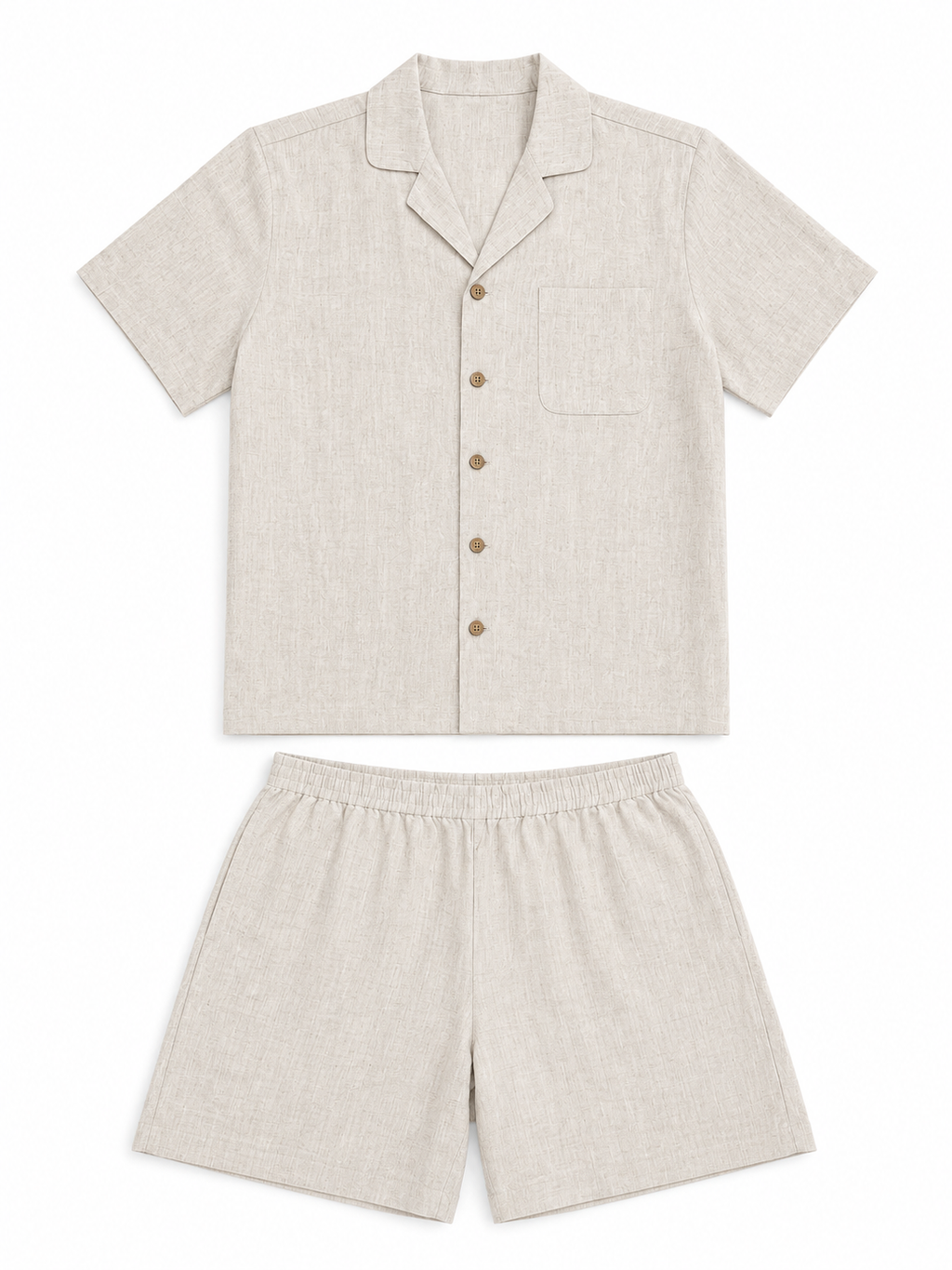 Hemp short-sleeve sleepwear set in light beige: button shirt and elastic-waist shorts.