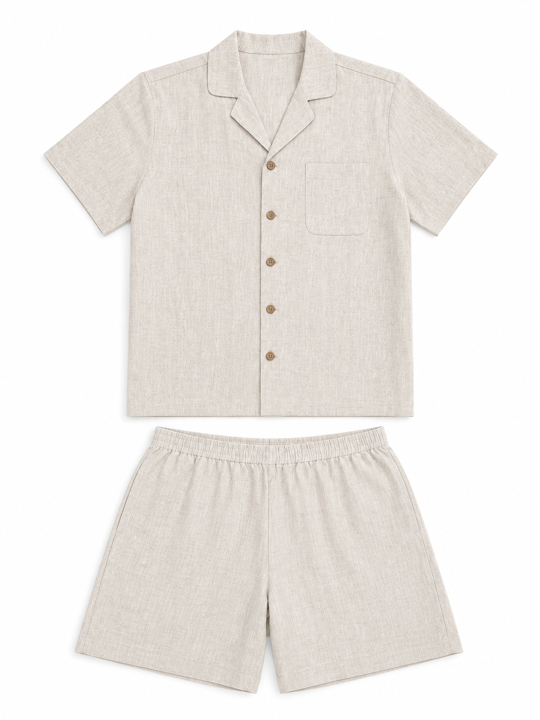Hemp short-sleeve sleepwear set in light beige: button shirt and elastic-waist shorts.
