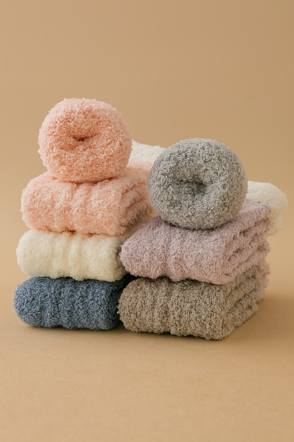 Fluffy slipper socks set folded in peach, pink, gray, and blue tones