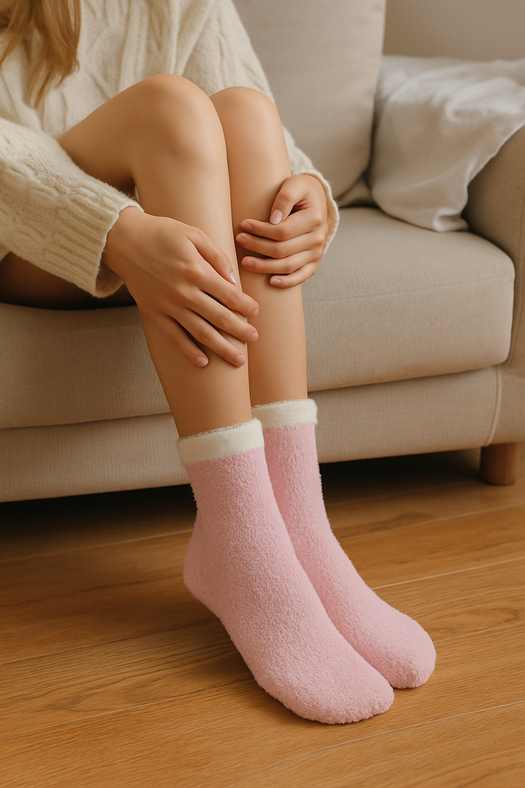 Women’s fluffy slipper socks in pink with cream cuffs