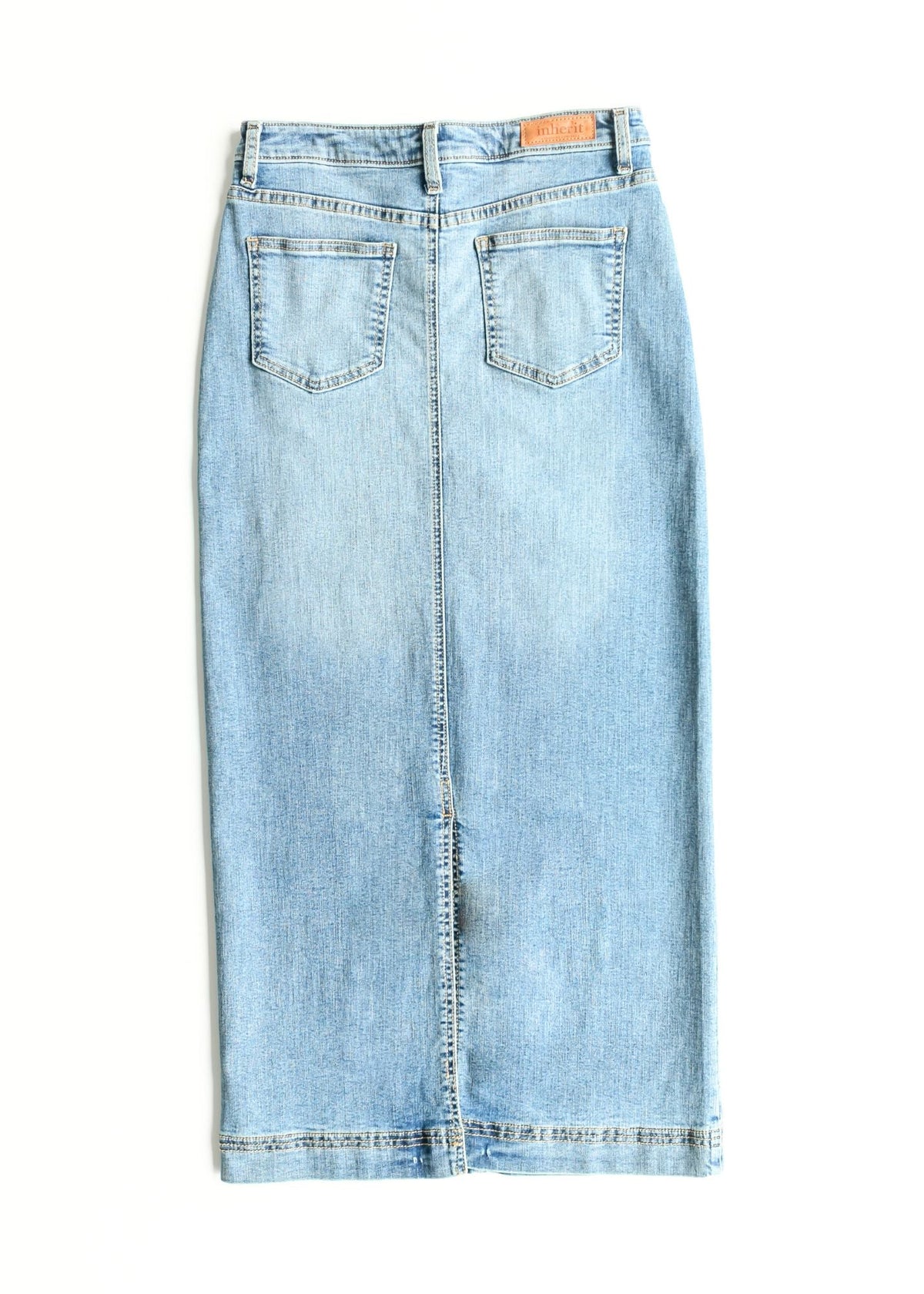 Light wash denim maxi skirt flat lay, belt loops and patch back pockets