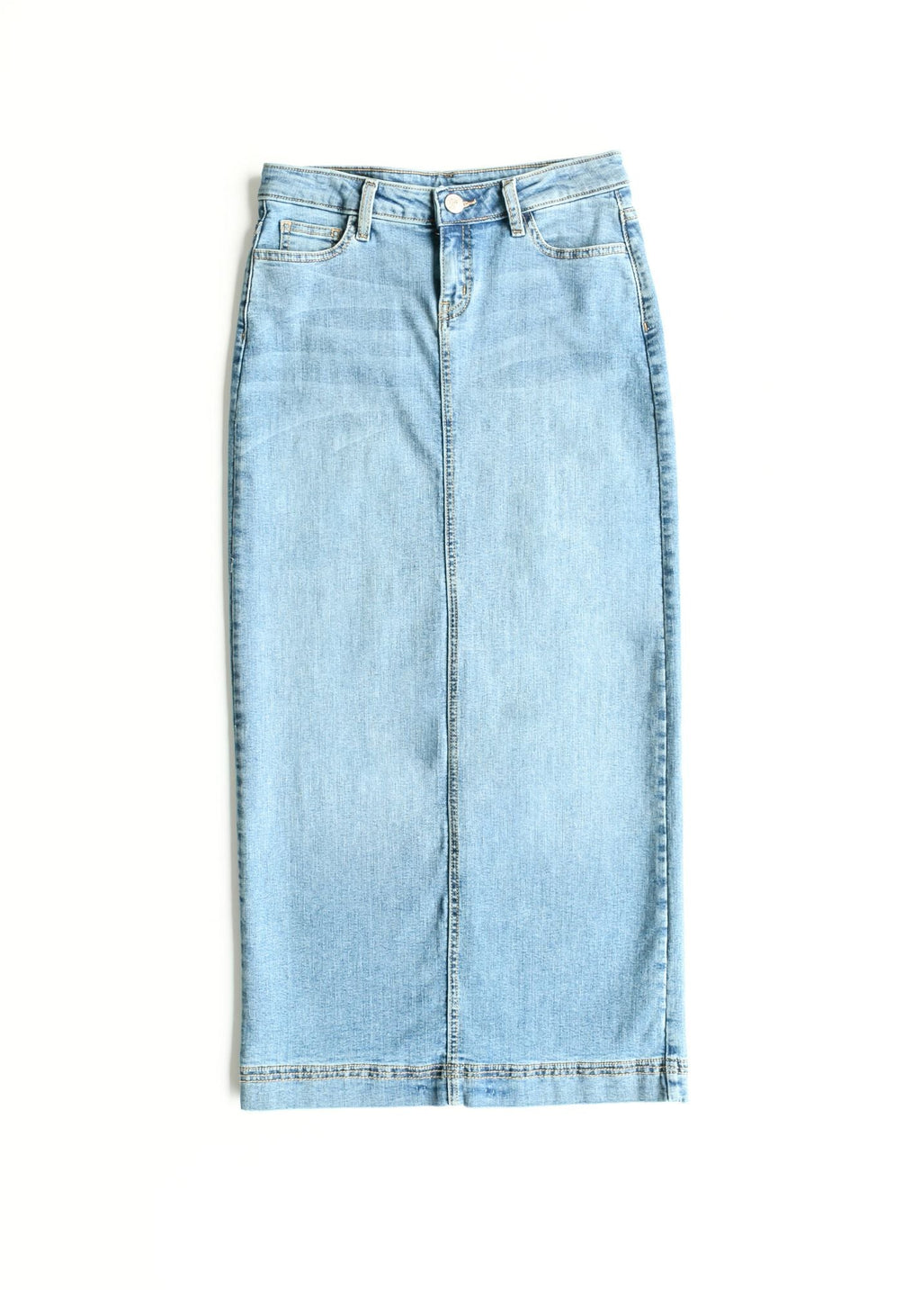 Light wash denim maxi skirt flat lay, belt loops and patch front pockets