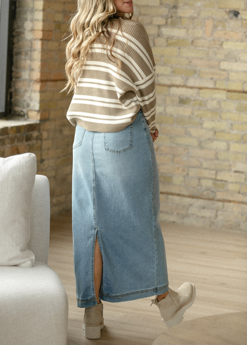 Light wash denim maxi skirt with front slit and straight, denim skirt hem