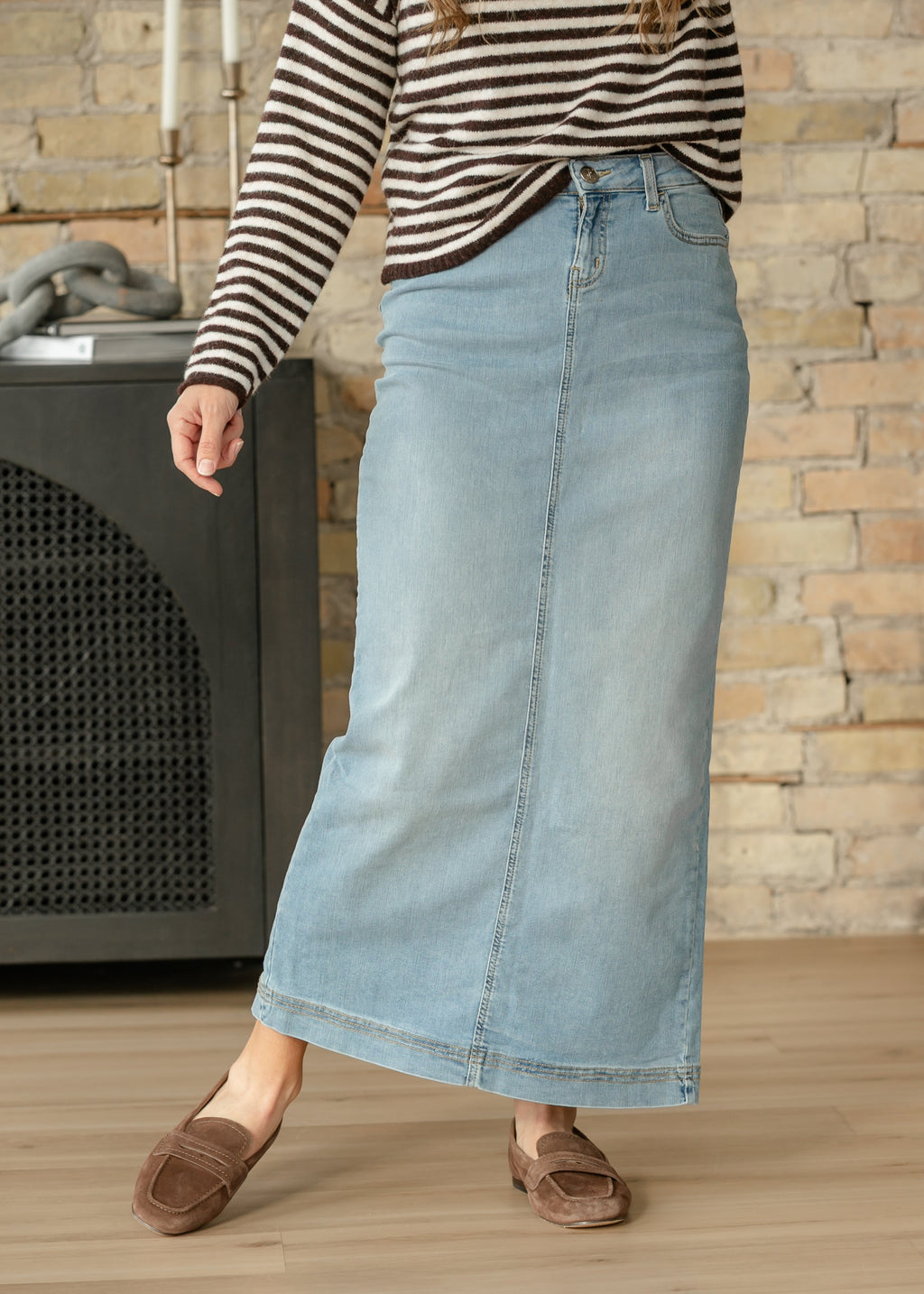 Light wash denim maxi skirt with front seam detail and slight A-line hem
