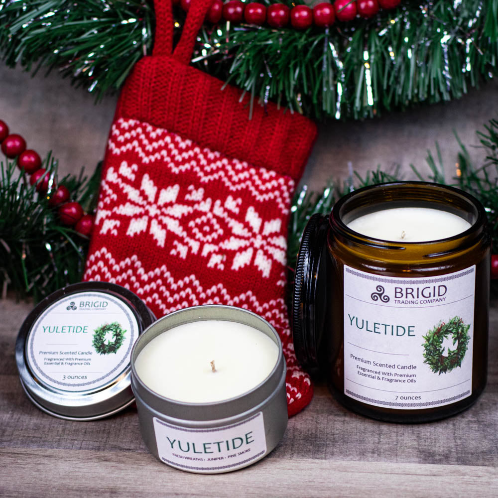 Brigid Yuletide soy candle set with glass jar and metal tin, white wax and labels