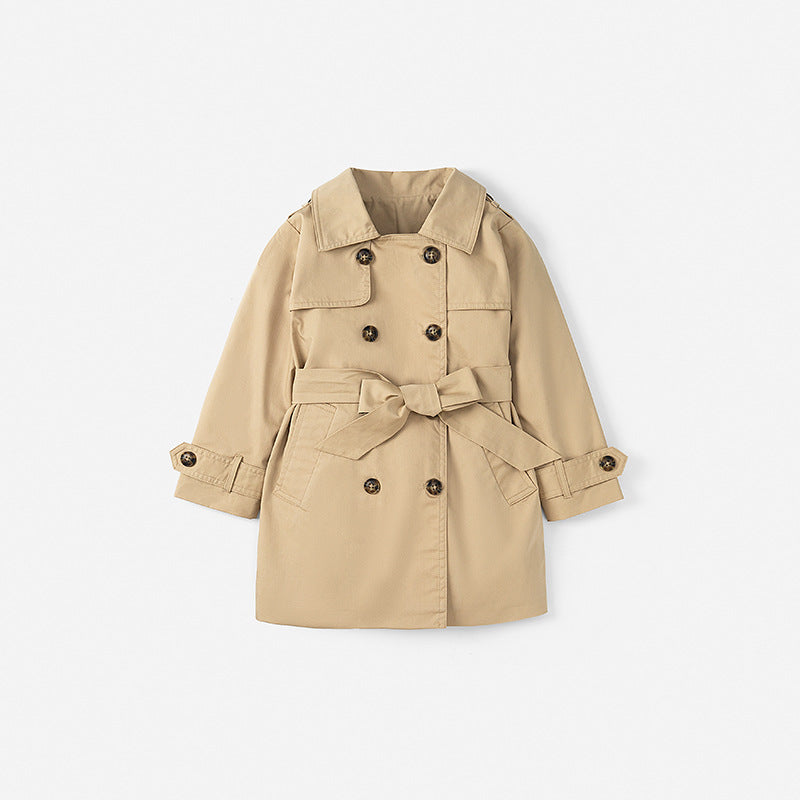 Khaki girls' mid-length trench coat with double-breasted front and belt tie