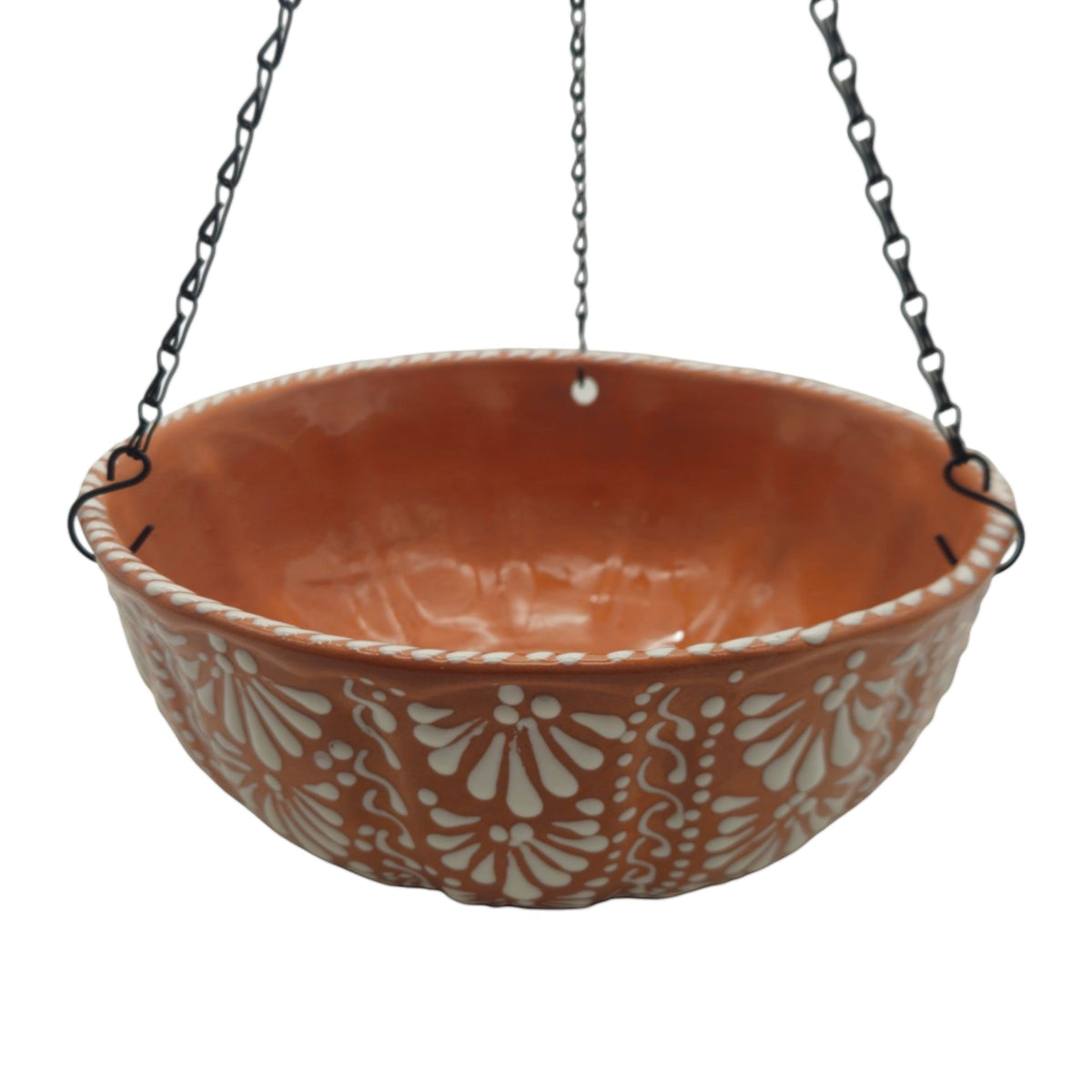 Brown and white Talavera hanging ceramic planter with white floral band and chains