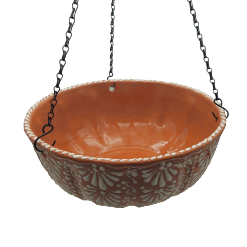 Brown and white Talavera hanging ceramic planter with rim detail and white motifs