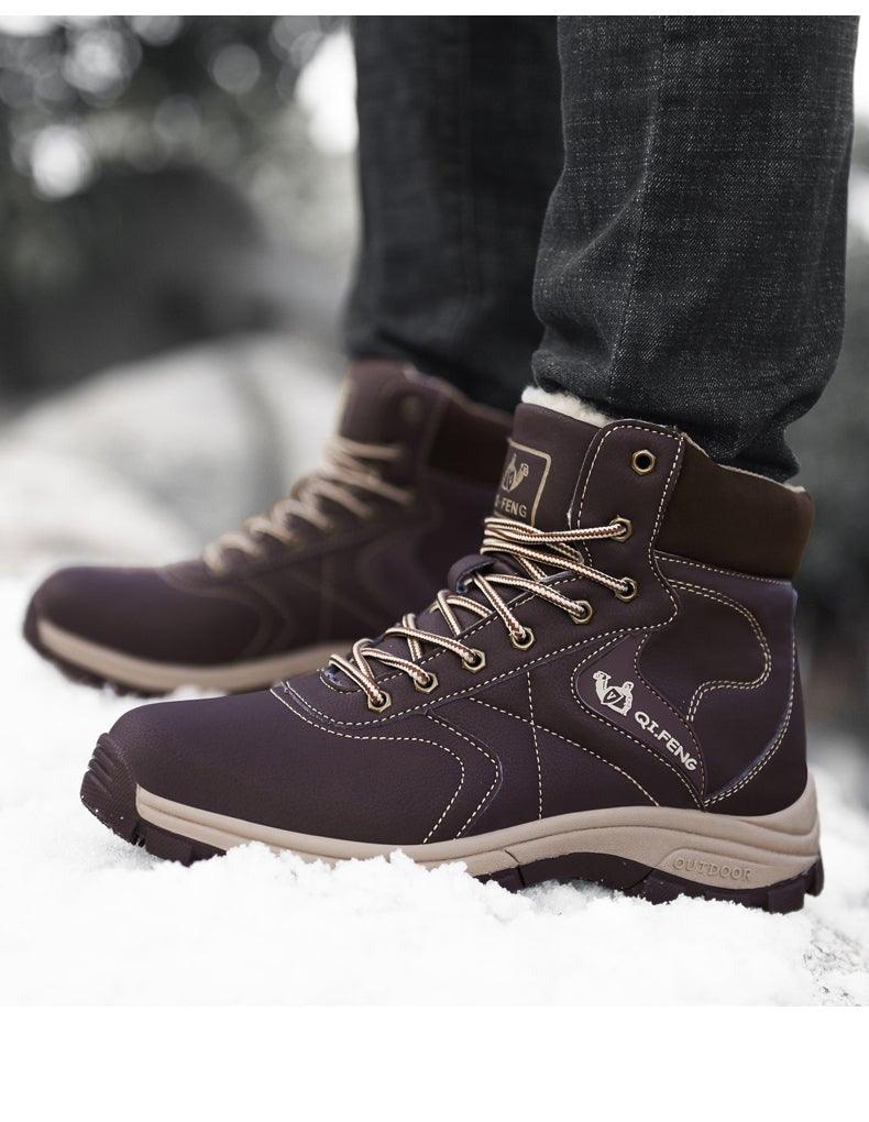 Men's winter hiking ankle boots, dark brown with lace-up front and thick sole