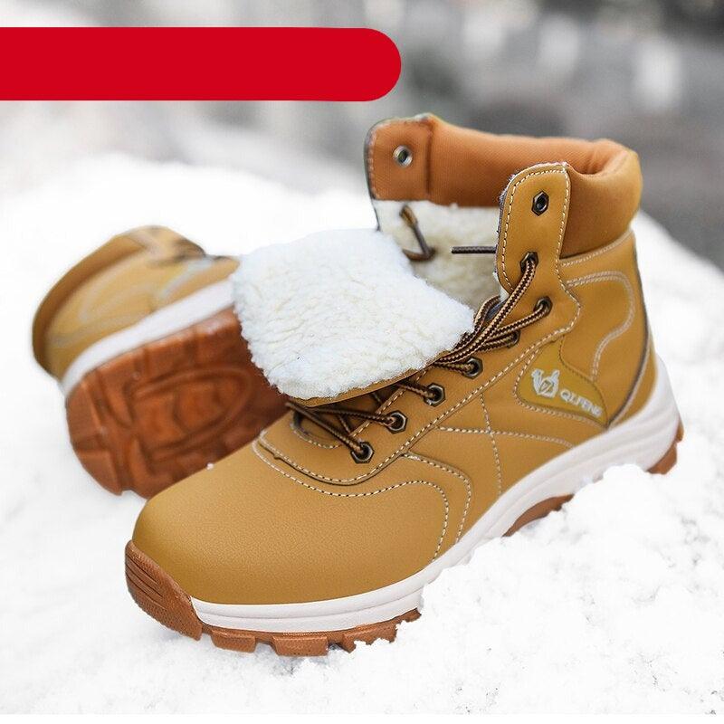 Men's tan waterproof ankle snow boots, plush fleece lining and rugged outsole