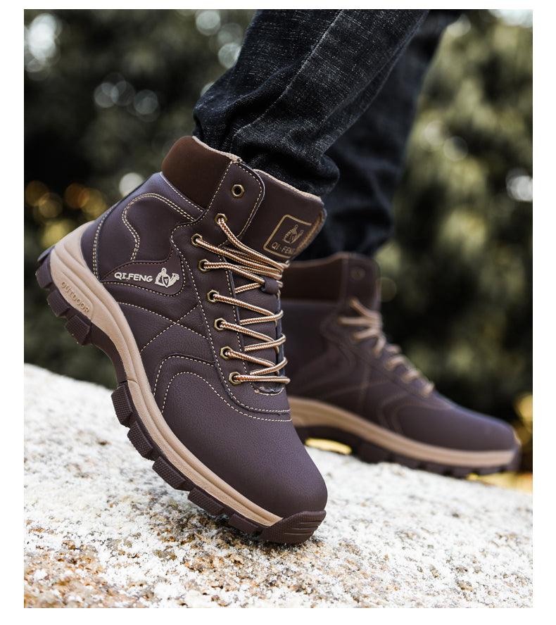 Men's winter lace-up ankle boots, dark brown with padded collar and contrast stitching