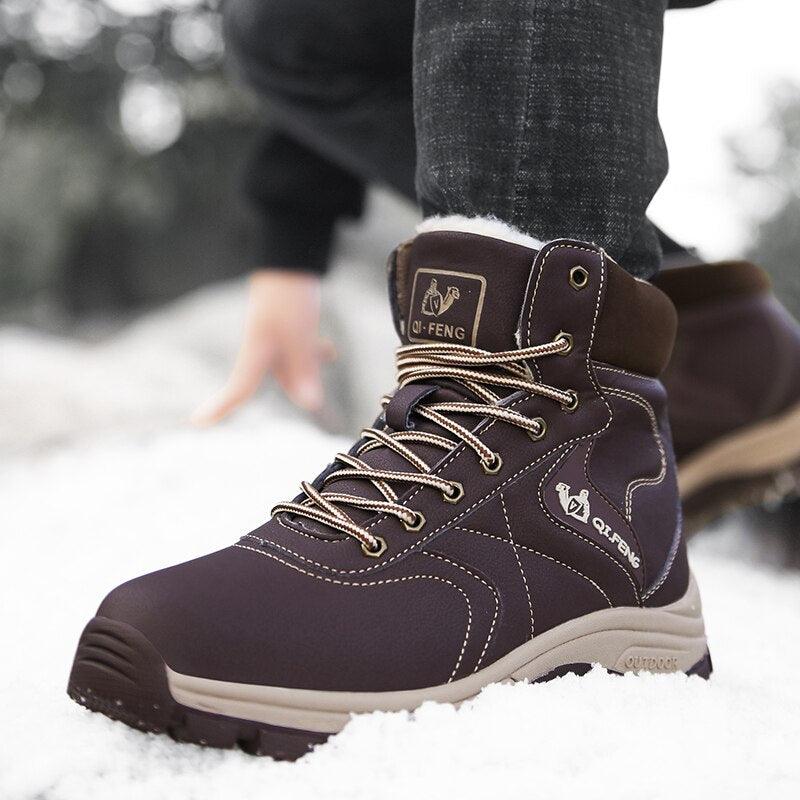 Men's winter snow boots, dark brown lace-up ankle boot with fur trim