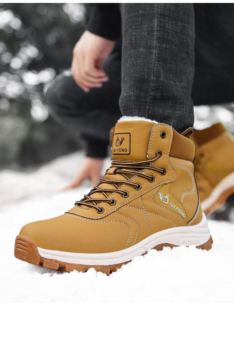 Men's winter ankle boots, mustard tan with lace-up design and white midsole