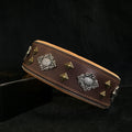 Brown dog collar with Aztec-style silver emblem and bronze pyramid studs