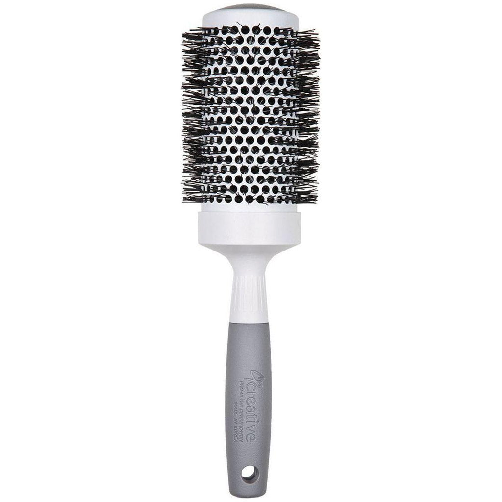 Ceramic thermal round hair brush, black and silver bristles on white-and-gray handle