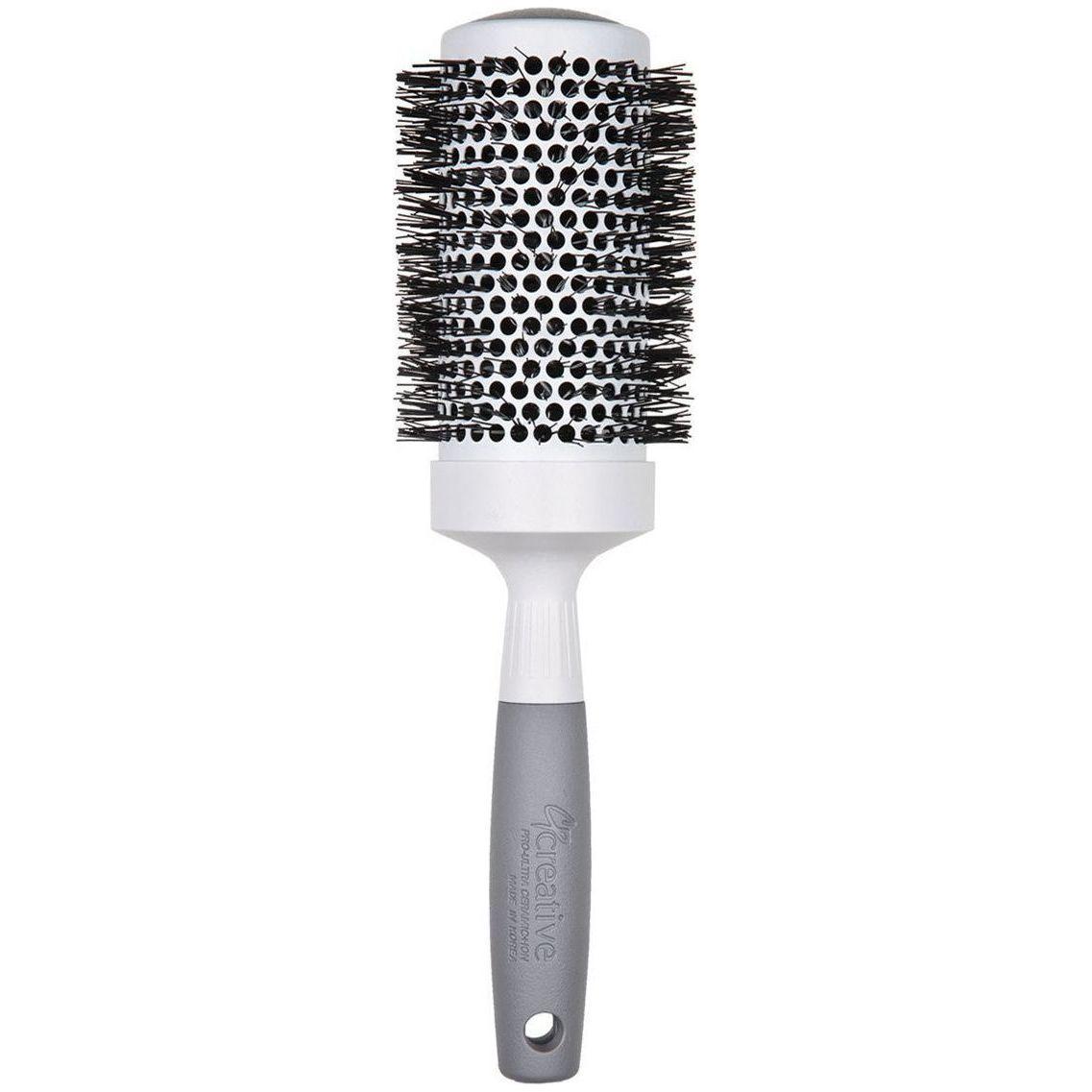 Ceramic thermal round hair brush, black and silver bristles on white-and-gray handle