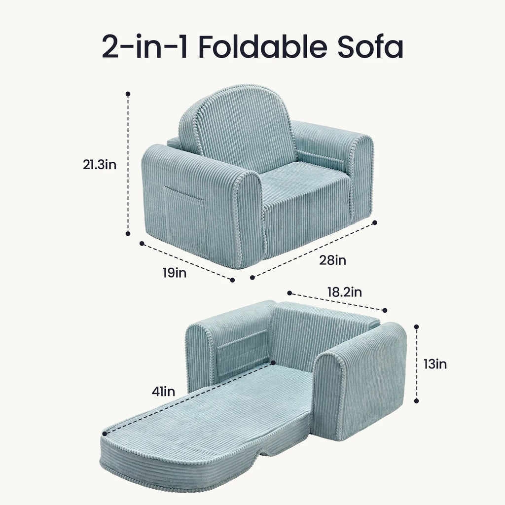 Teal corduroy 2-in-1 foldable kids sofa, shown with an extended chaise view