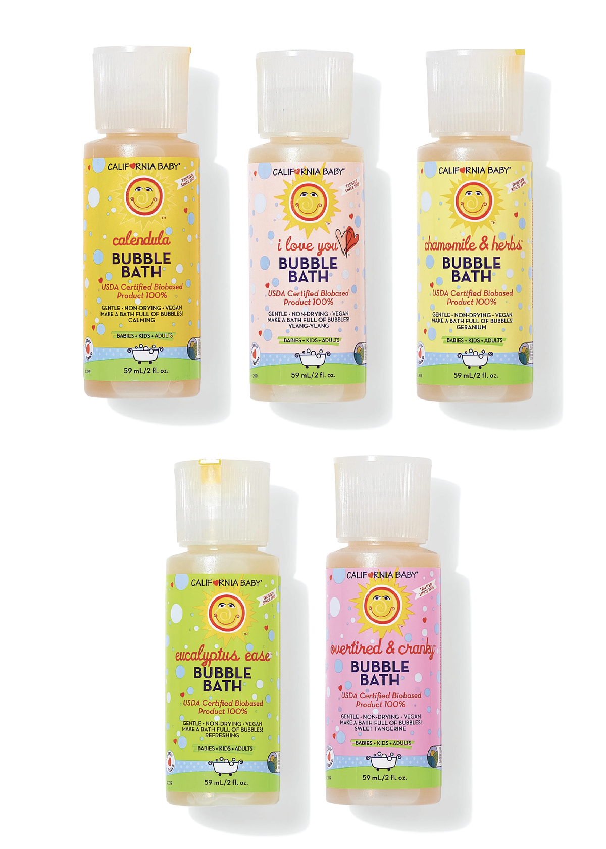 Bubble bath scent sampler bottles, 5 plastic pump bottles with floral labels