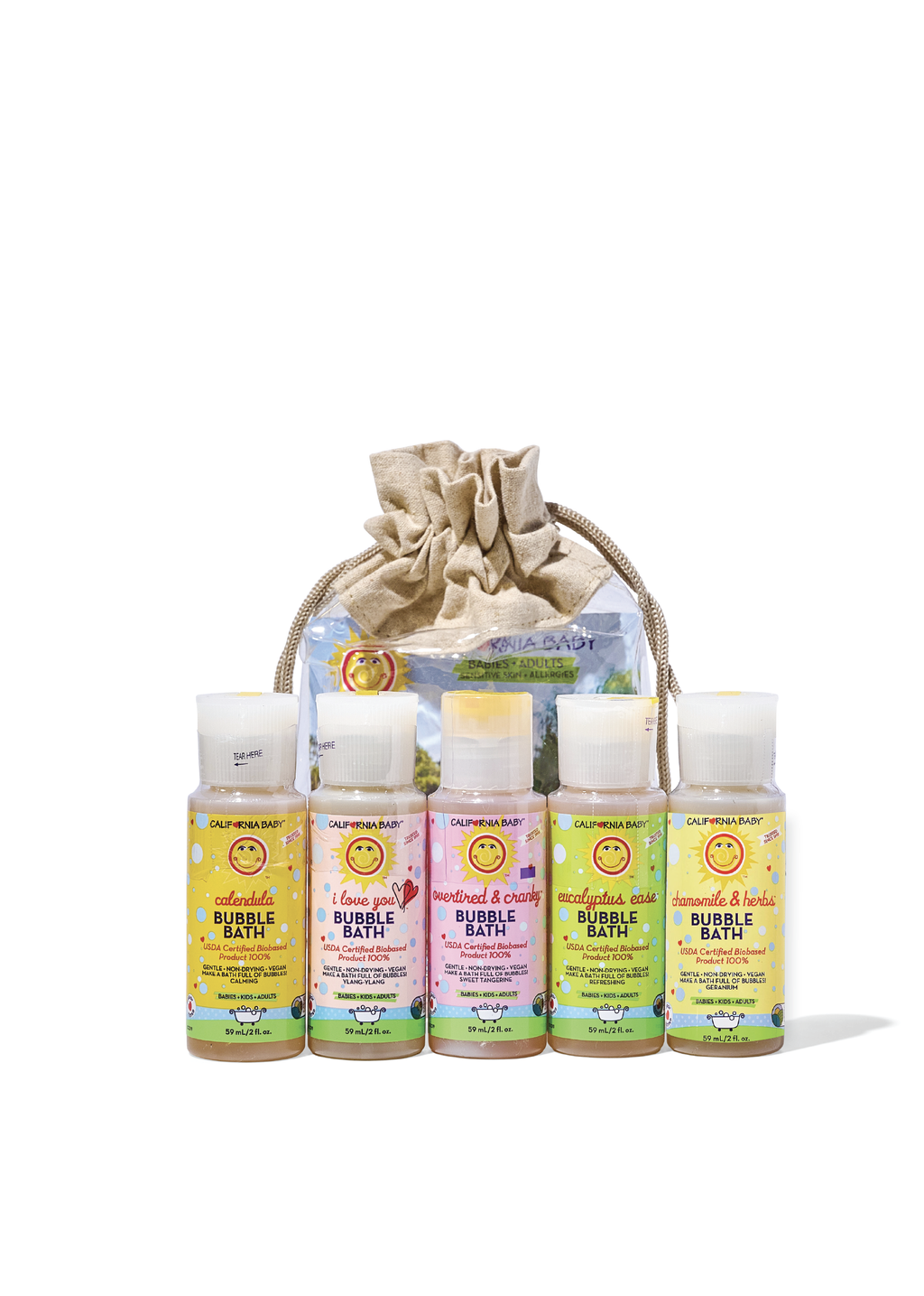 Bubble bath scent sampler with drawstring pouch and five labeled bottles