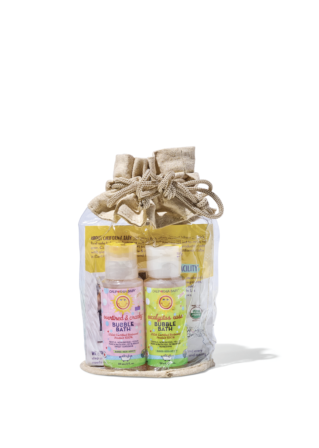 Bubble bath scent sampler drawstring pouch filled with labeled bubble bath bottles