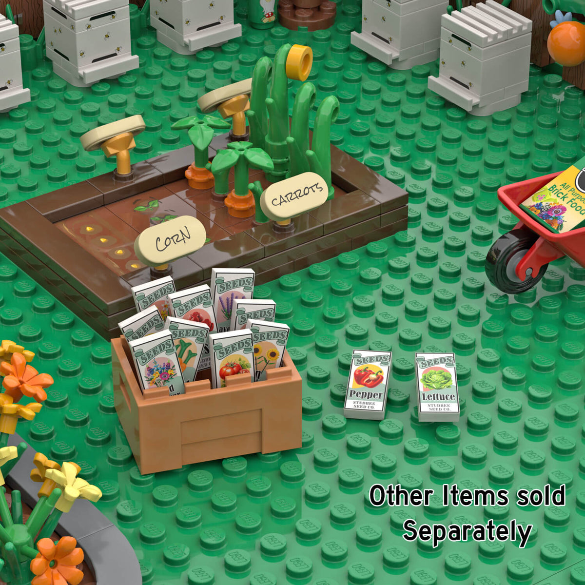 LEGO minifig seed display with carrot packet on green studded base.