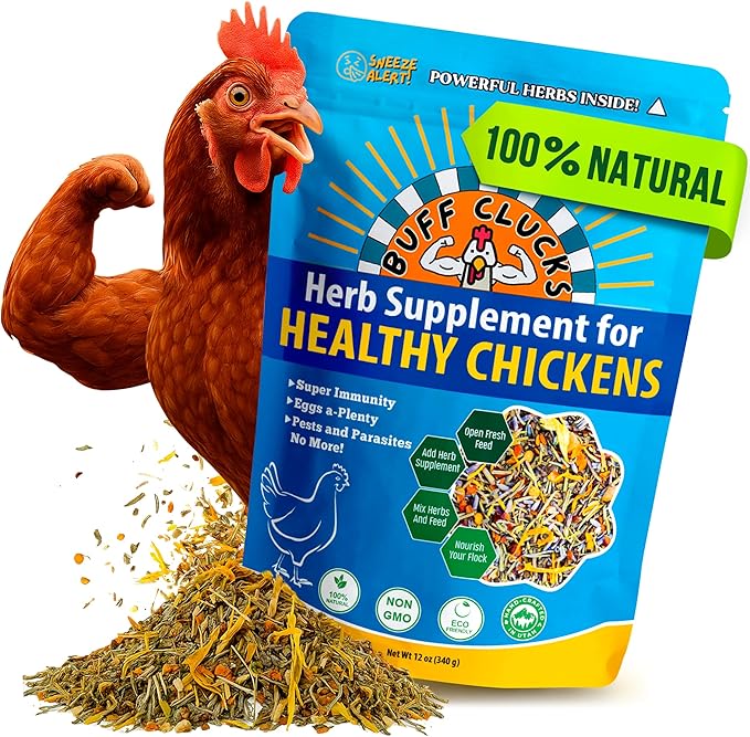 Herb supplement pouch for healthy chickens, blue and yellow, with shredded herb mix and chicken graphic