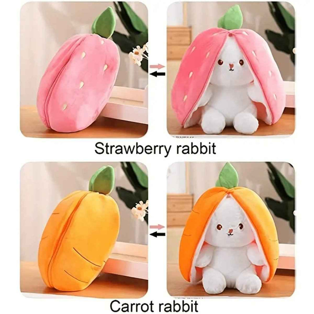 Reversible bunny plush options: pink strawberry and orange carrot styles in a 2x2 grid