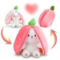 Reversible strawberry bunny plush toy with pink bunny ears and green leaf top