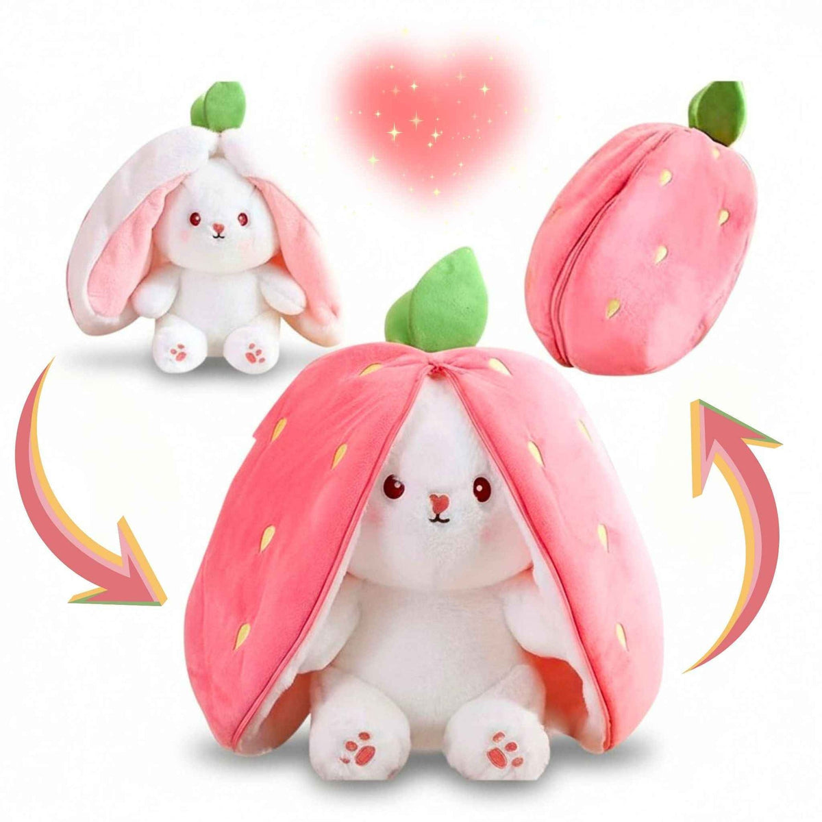 Reversible strawberry bunny plush toy with pink bunny ears and green leaf top
