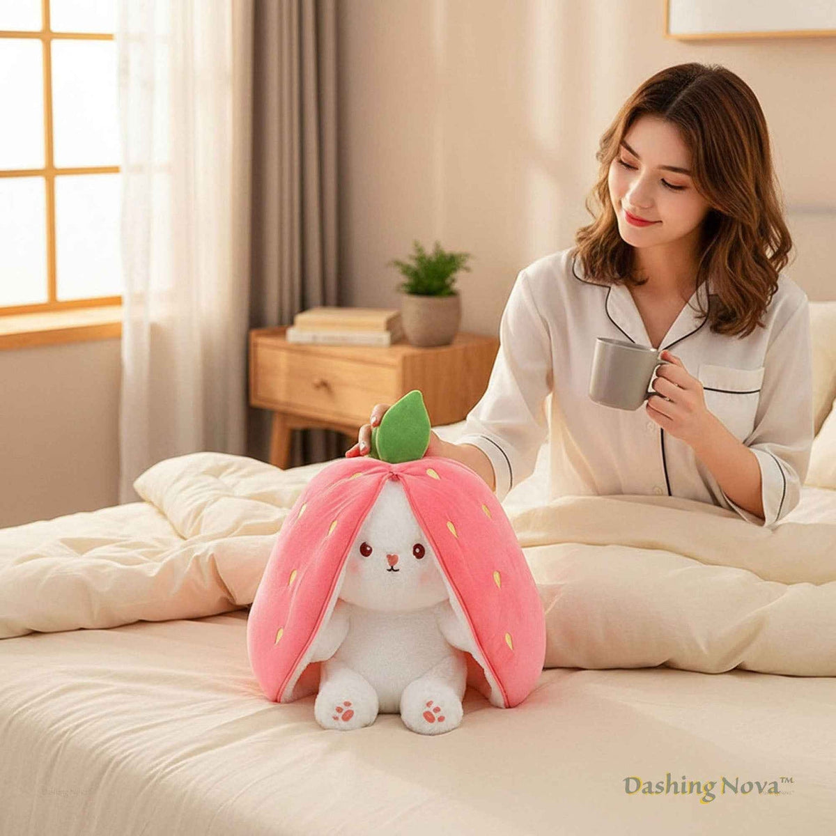 Pink strawberry bunny plush toy with white belly and pink dotted ear pattern