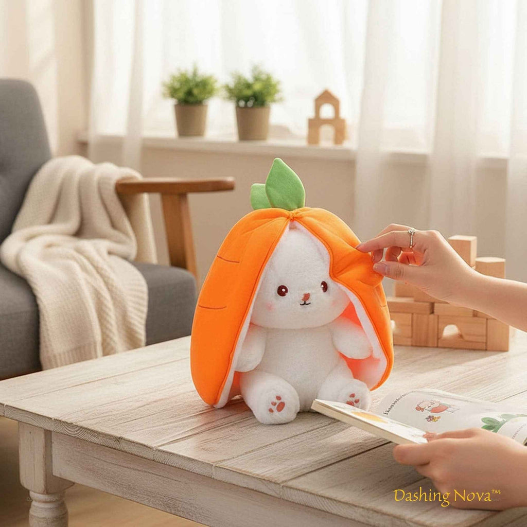 Orange reversible bunny plush toy with green leaf top and soft white paws