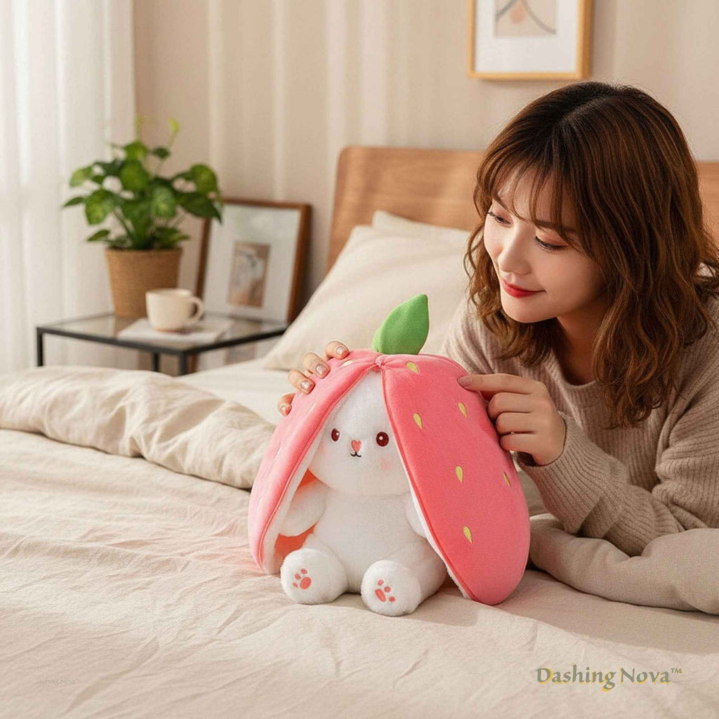 Pink reversible bunny plush toy with green leaf and stitched paw prints on feet