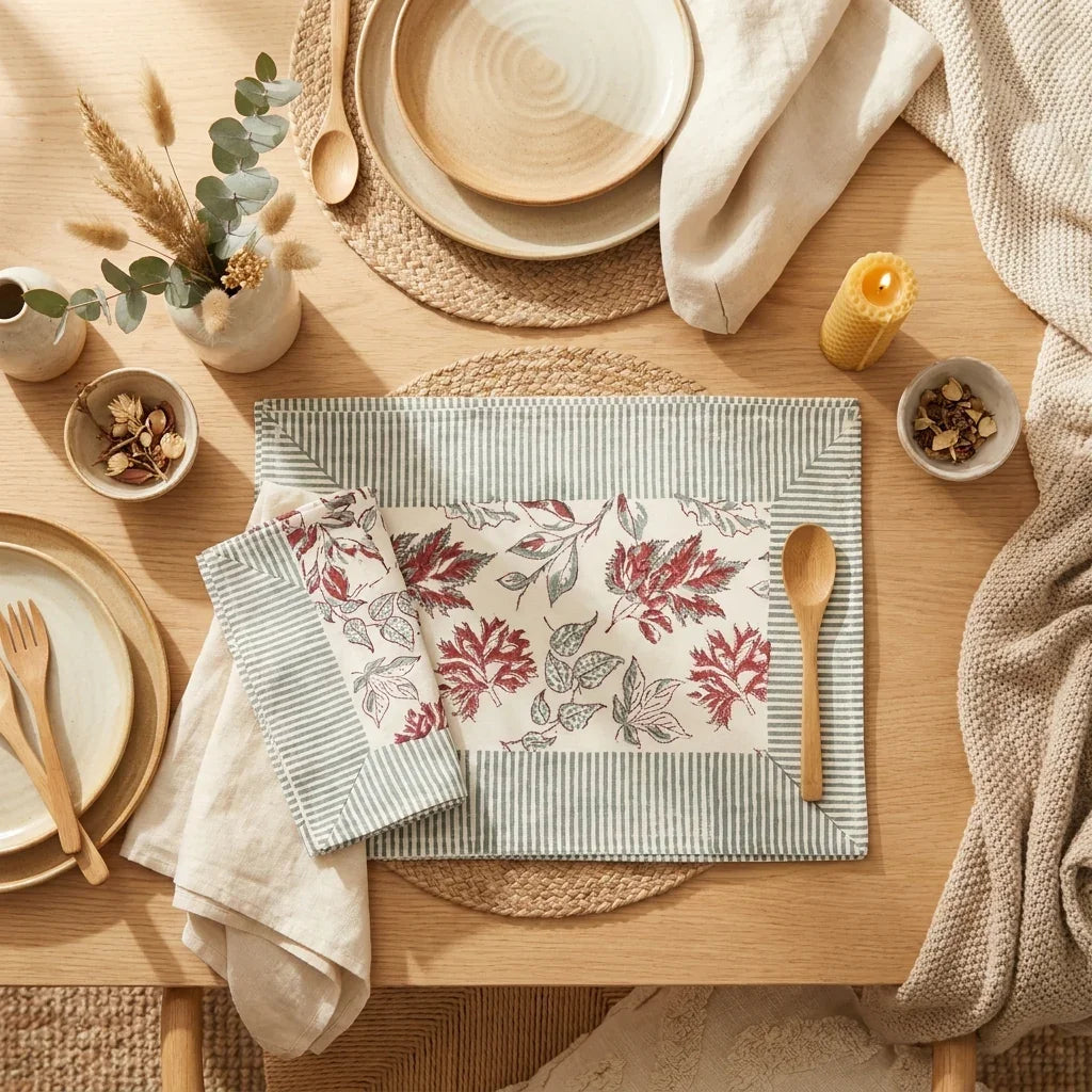 Placemats with red leaf print and blue striped border on a styled table setting