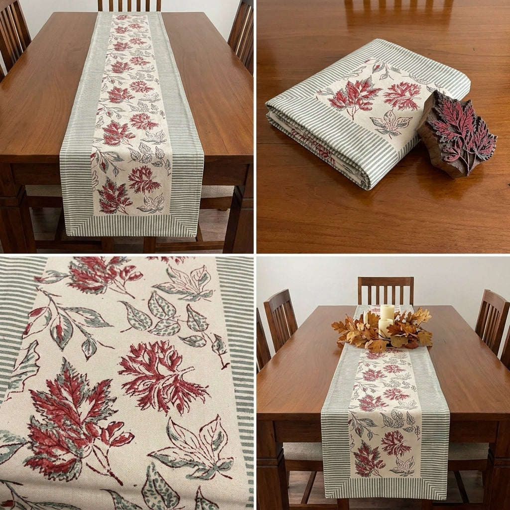 Table linen set: folded runner and coordinated napkins with red leaf print and blue stripes