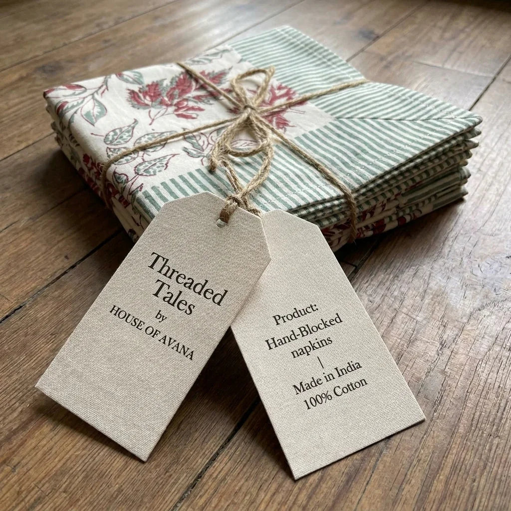 Stacked cloth napkins and tags for hand-block printed 100% cotton table linen