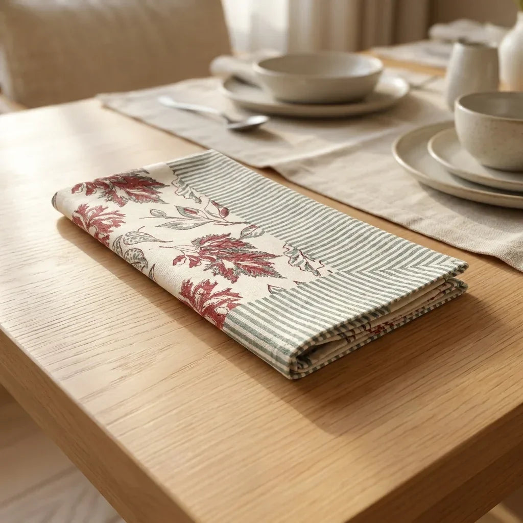 Folded runner on a dining table in cream with red leaf print and blue stripe edging