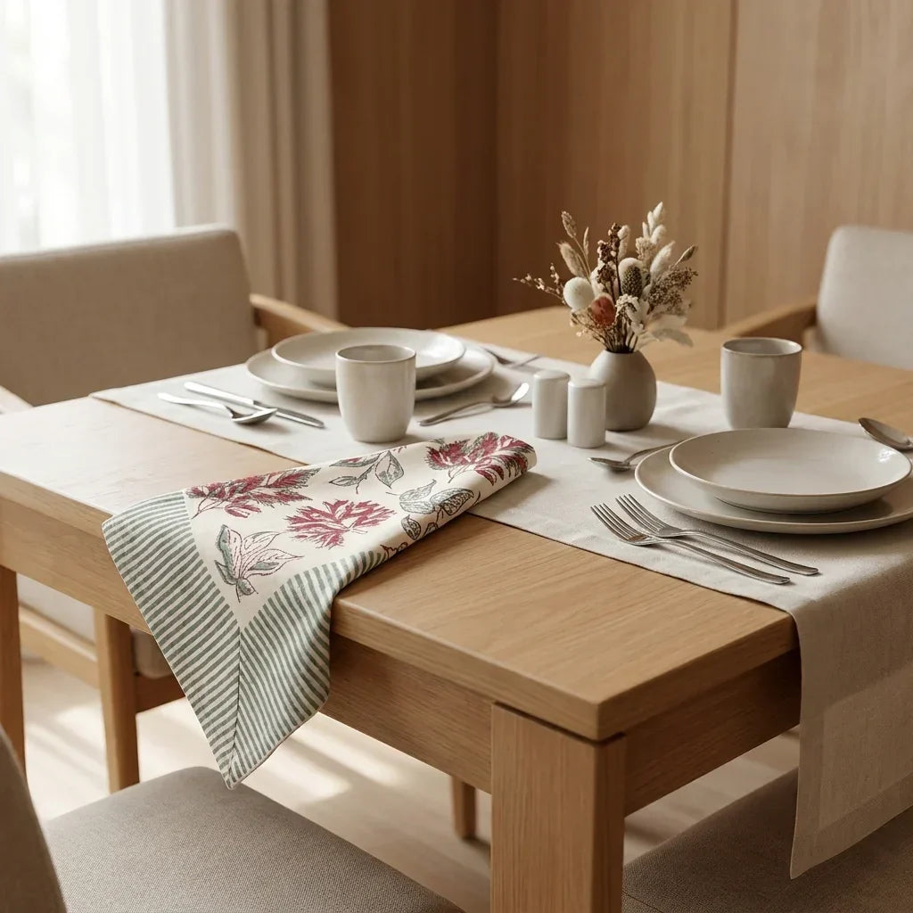 Dining table with table runner featuring red autumn leaves and slate-blue striped sides