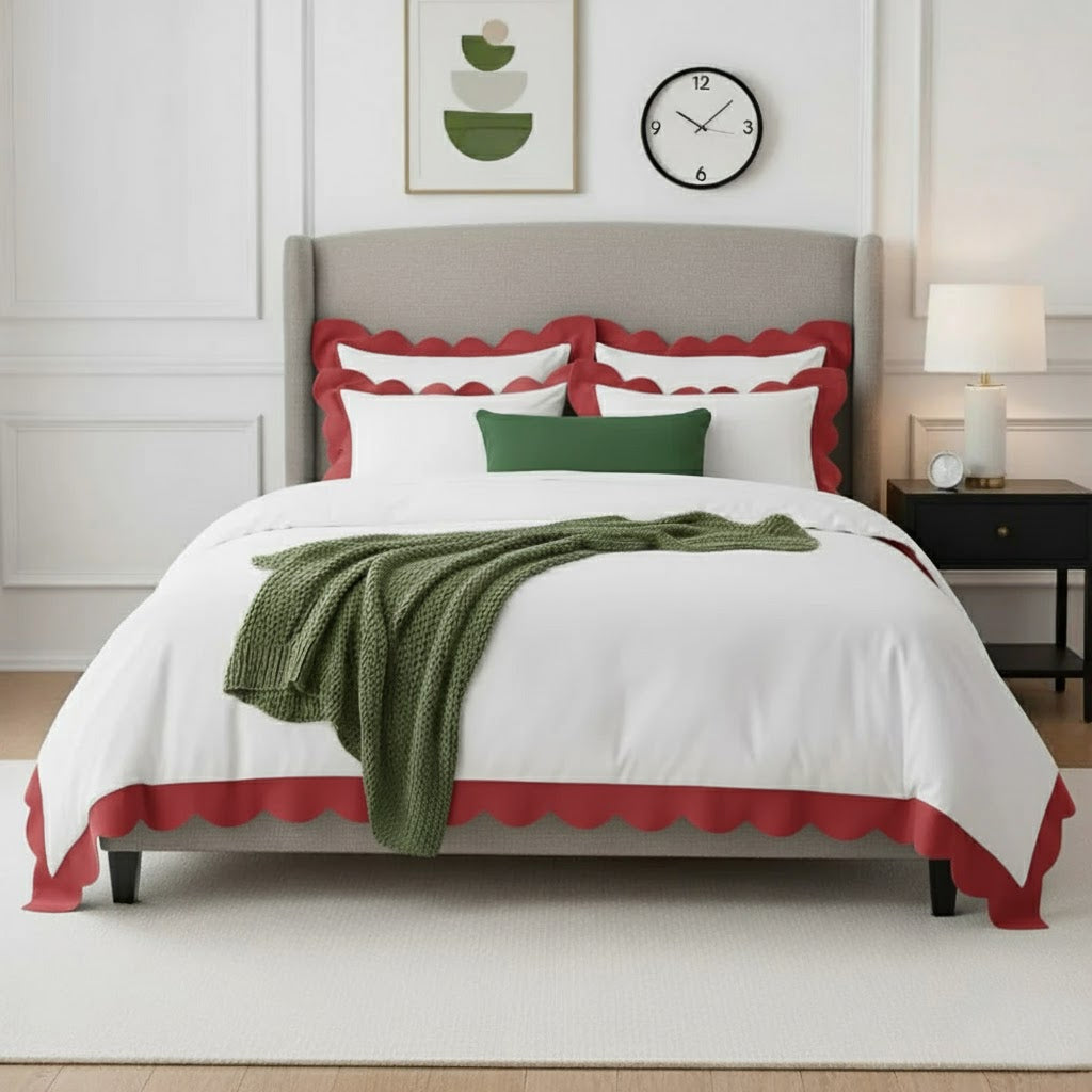 White duvet cover set with red wavy scallop applique border and shams