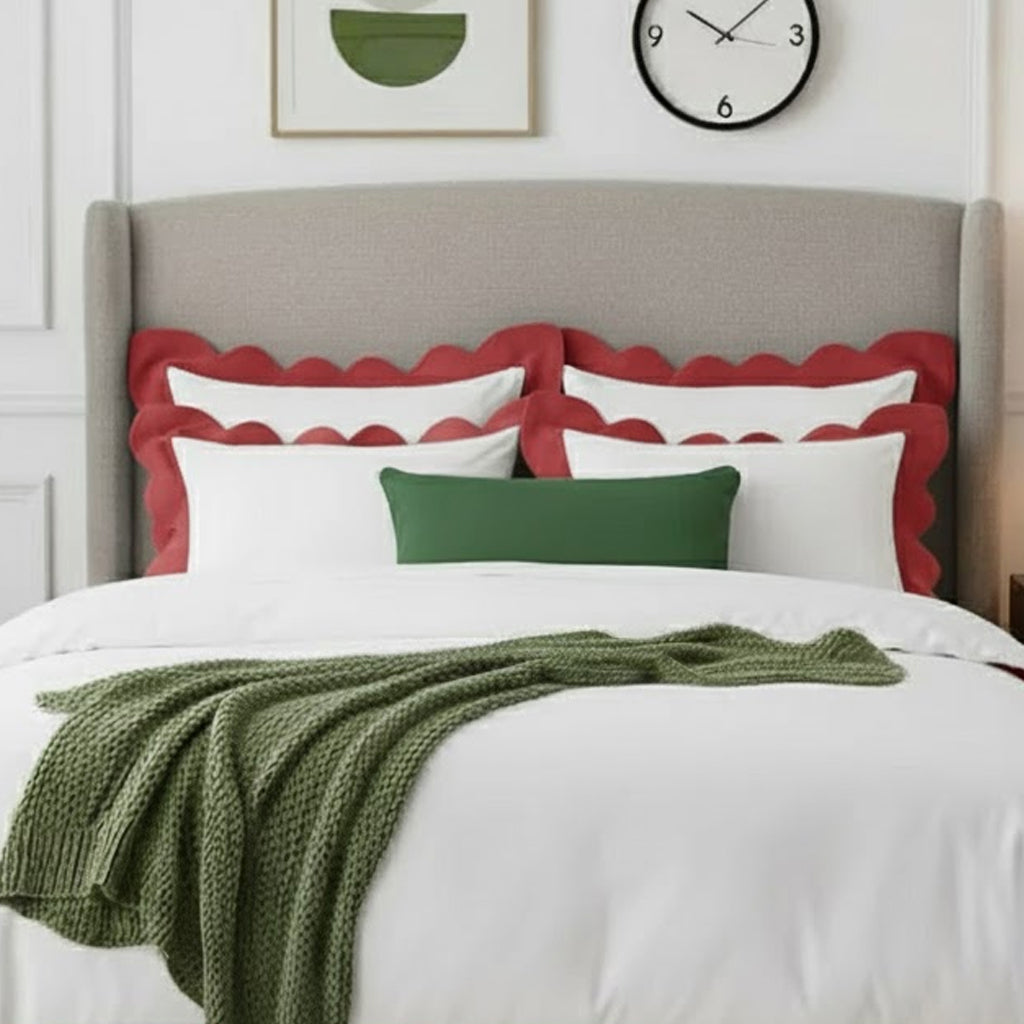 Cotton duvet cover set with white scalloped border and burgundy wavy applique embroidery