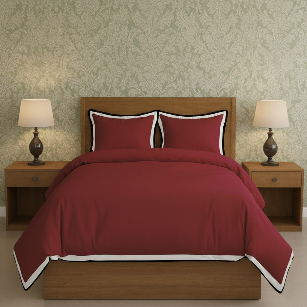 Burgundy duvet cover set with white border frame and matching pillow shams