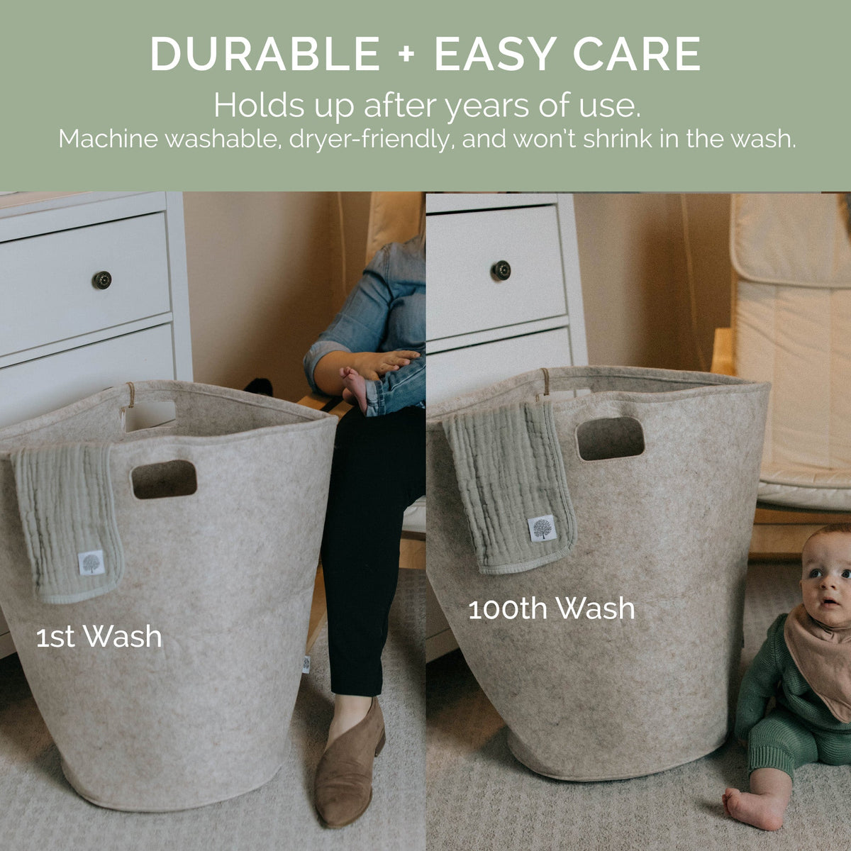 White muslin burp cloths with tree patch, tucked in storage bins