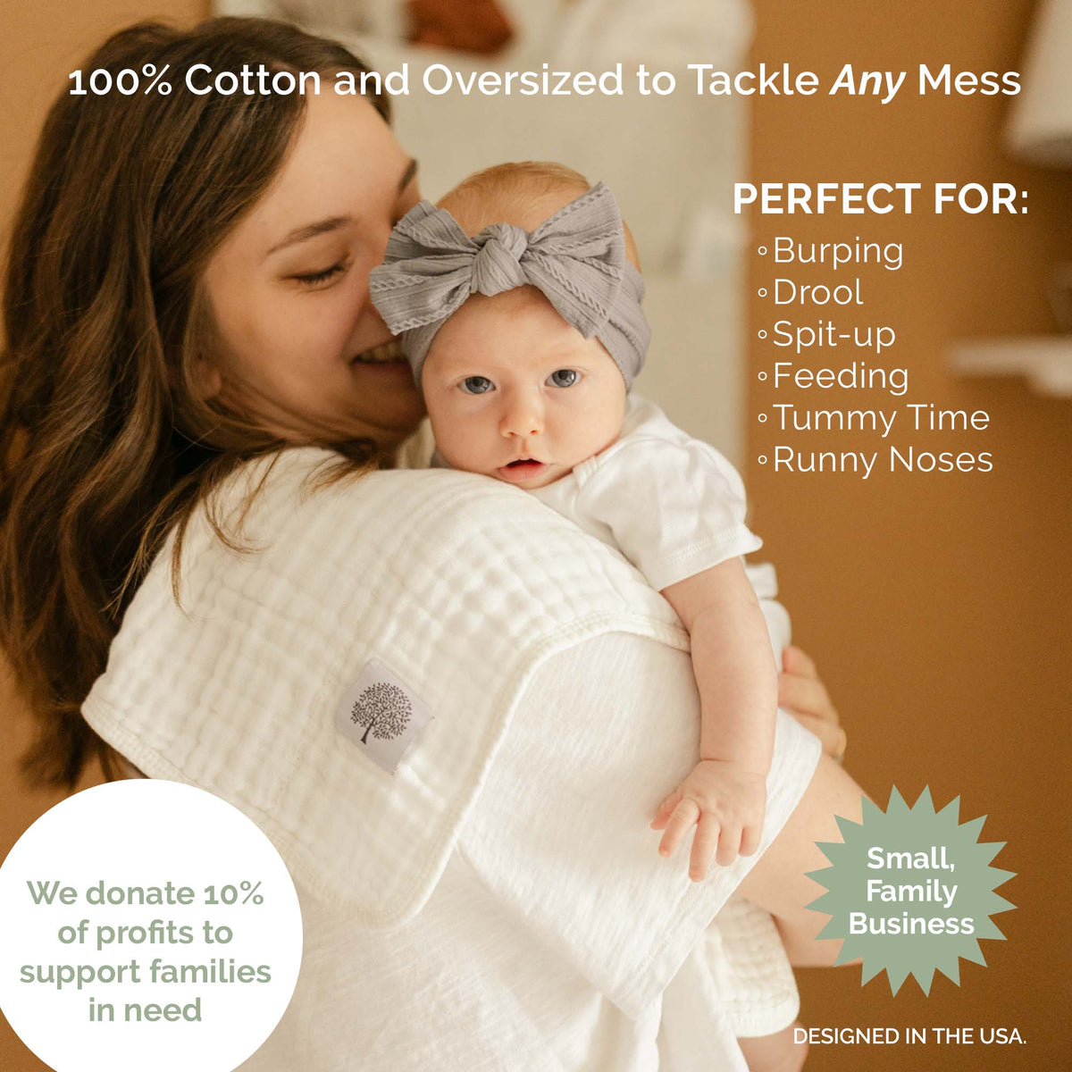White muslin burp cloth with tree patch, oversized drape