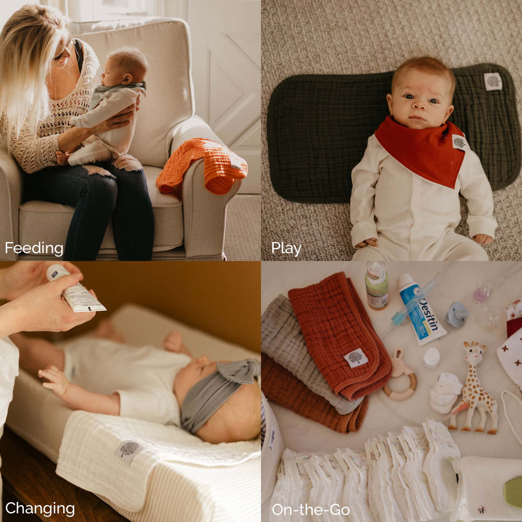 Rust-orange muslin burp cloth with stitched edge, neatly folded