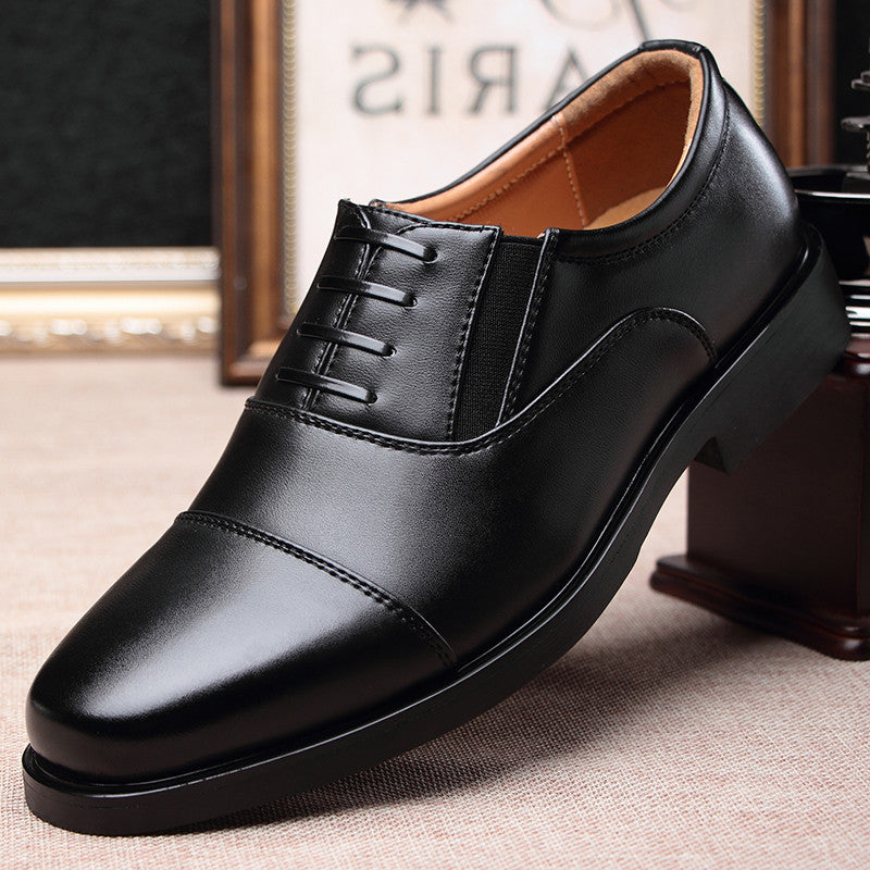 Men's black leather lace-up dress shoes, three-panel design and stitched toe