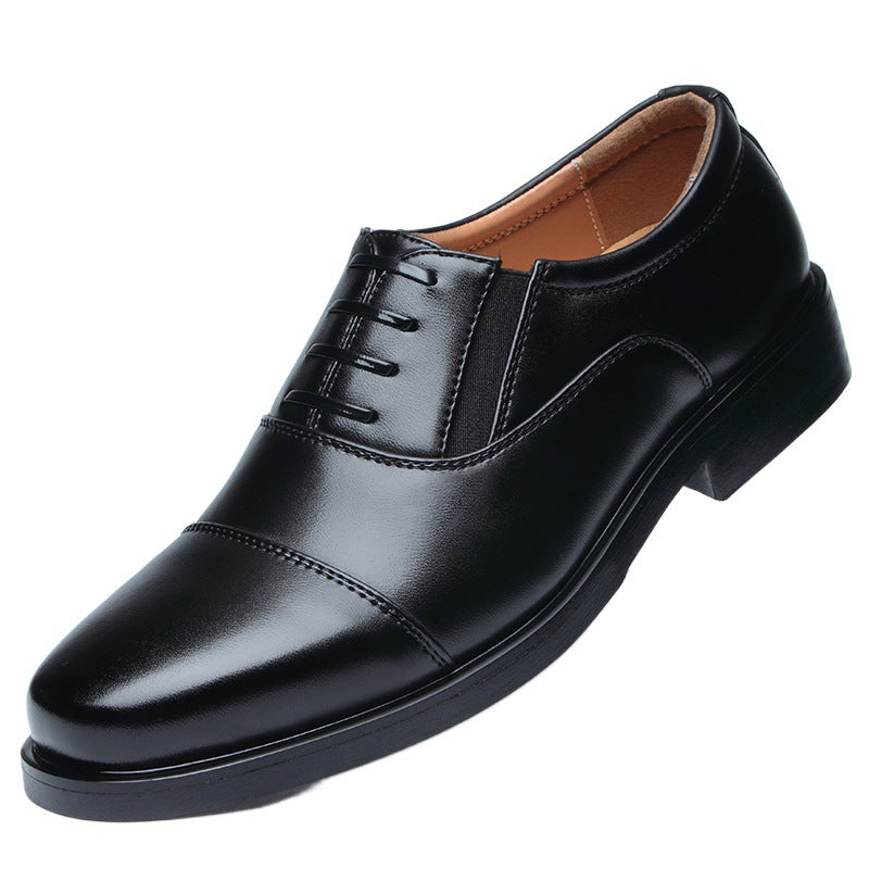 Men's black leather lace-up dress shoes, single shoe front view with low heel